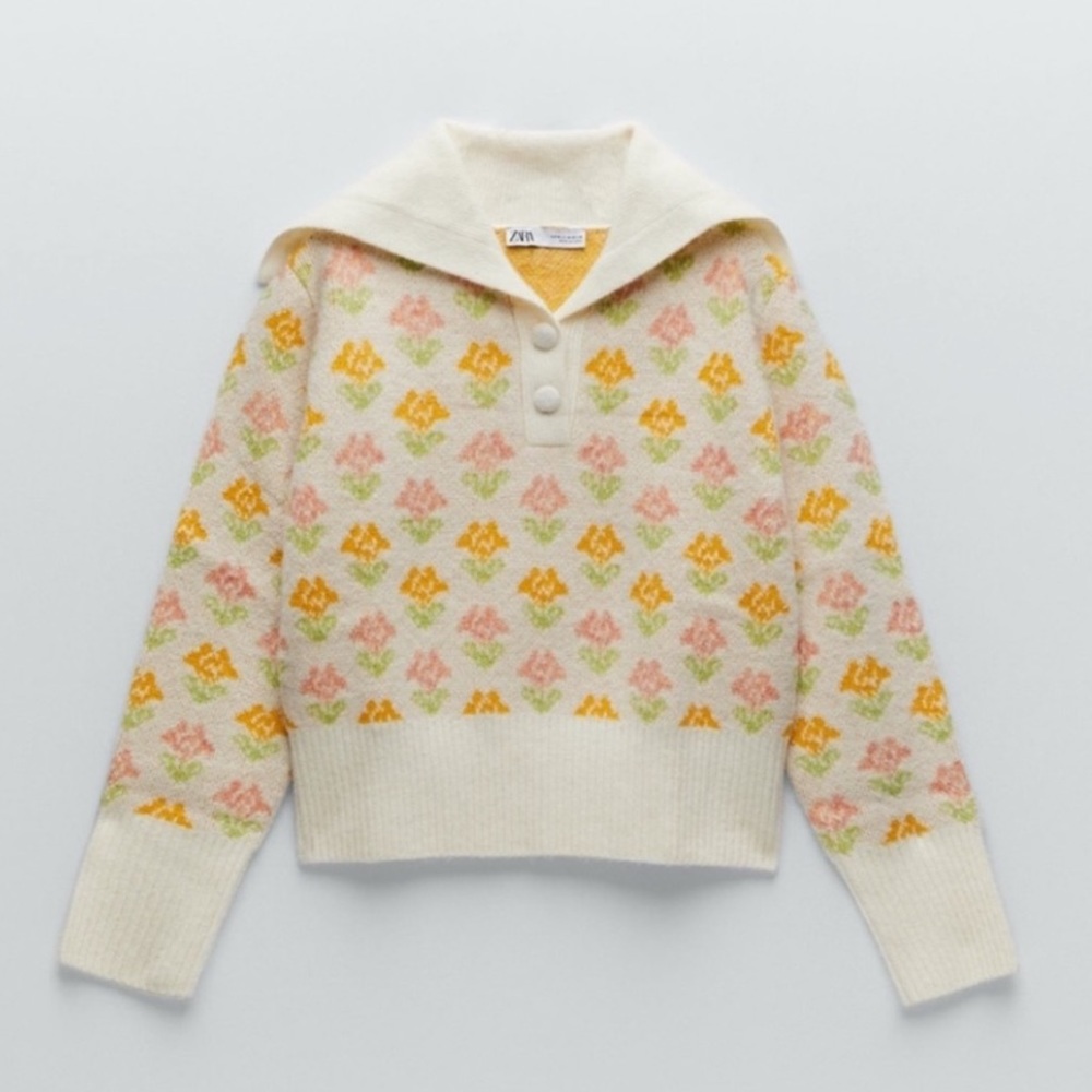 NWT Zara Jacquard Knit Floral Print Sweater